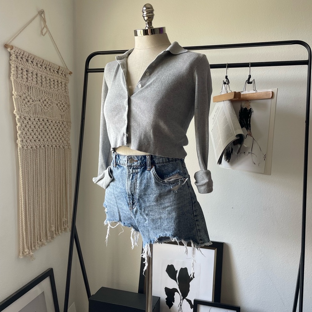 Brandy Melville grey cropped ribbed collard shirt